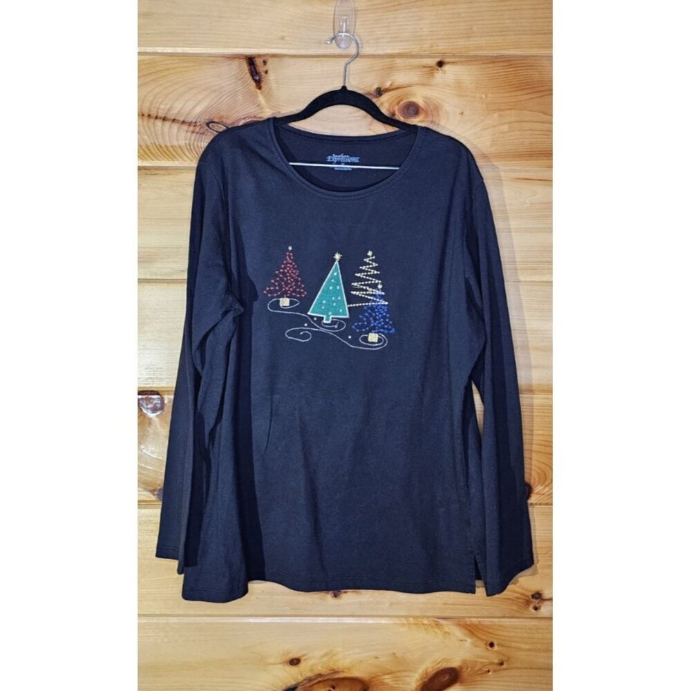Southern Expressions Womens Plus Size 2X Black Long Sleeve Christmas Trees